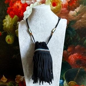 Knit hand made black bag necklace